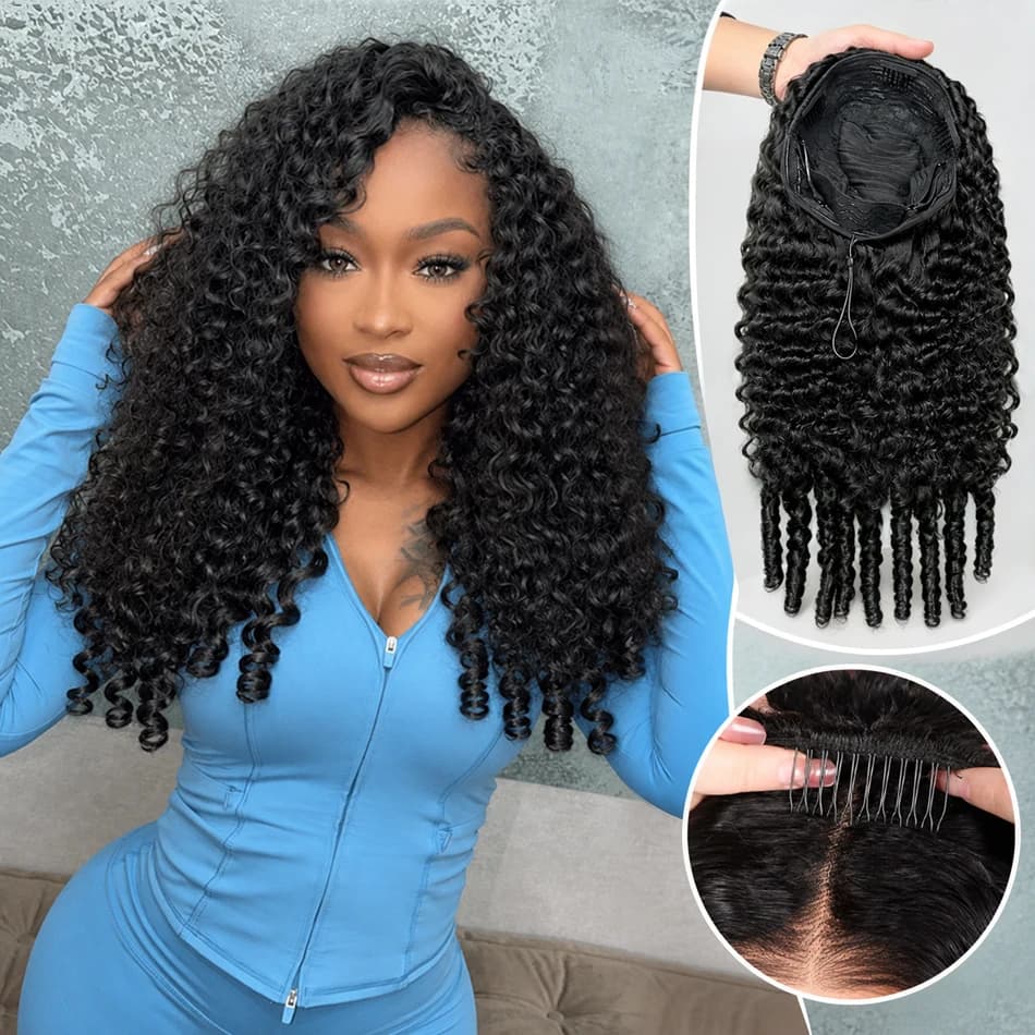 Burmese Curly Human Hair Headband Wig 3 IN 1 Multifunctional Glueless Half Wig Drawstring Seamless Flip Over Clip Ins Human Wigs