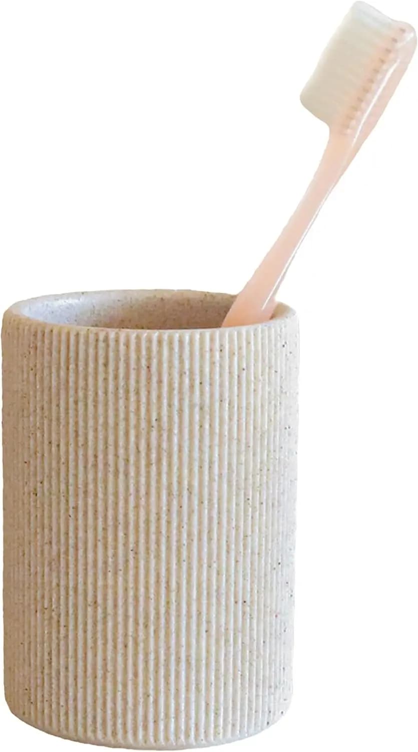 Portaspazzolino da Bagno Beige Sabbia per Piano di Lavoro, Organizer Boho con Porta Penne e Pennelli da Trucco