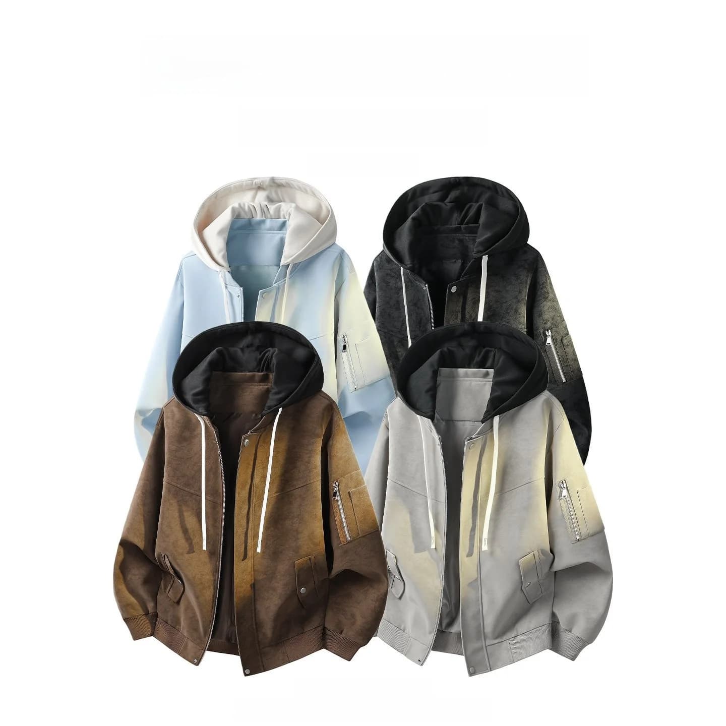 Giacca in pelle da uomo stile americano loose con cappuccio, effetto due pezzi, in tessuto di lana sottile a maniche lunghe, casual, Primavera 2026