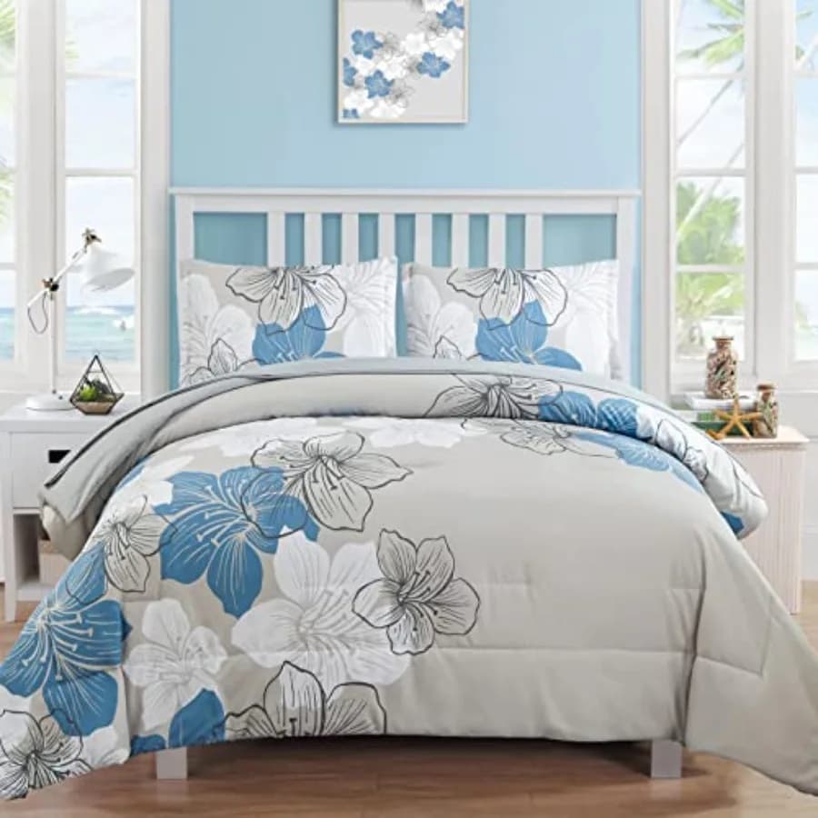 Set Copripiumino Floreale Queen Size, Set Copripiumino e Lenzuola Blu Floreale, Set Completo Letto 7 Pezzi in Morbida Microfibra
