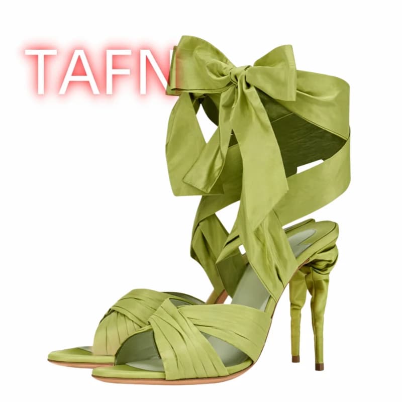 Sandali con tacco in raso verde con fiocco, sandali da donna con tacco a spillo e cinturino alla caviglia, eleganti sandali con tacco per feste, matrimoni e occasioni speciali