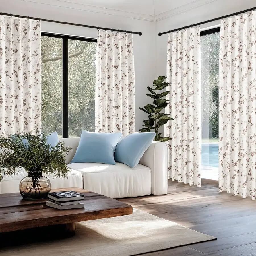 2 Pcs Floral Print Polyester Blackout Curtains With 12 Metal Rings And Hooks Pinch Pleat For Living Room Bedroom