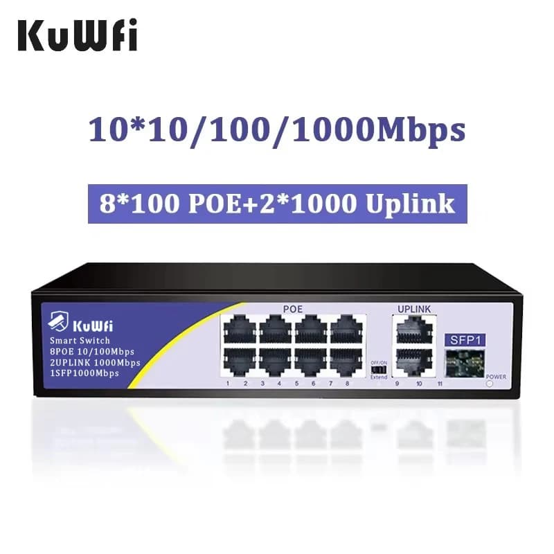 Switch PoE intelligente KuWFi a 8 porte | Porte uplink 2×1G | Alta potenza 62 W | Telecamera IP e WiFi AP Ready | VLAN/QoS | Stabilità di livello di sorveglianza