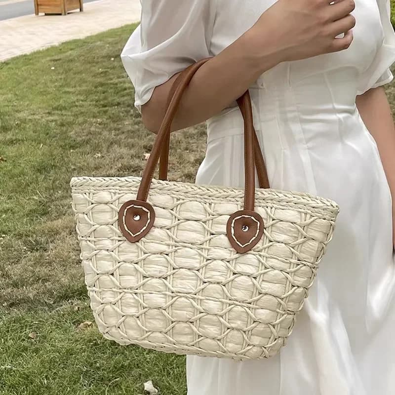Retro European American woven straw tote bag for women beach handbag large capacity vegetable basket shoulder bag
