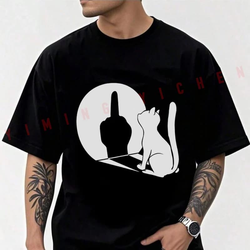 2026 Cotton Casual T-shirtMiddle Finger Cat Statement Cat Funny Motorcycle Design Tshirt Mens Summer Cycling Sportswear Tops Tee