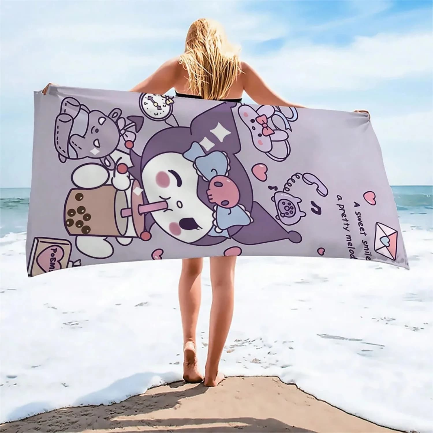 Asciugamano da spiaggia in microfibra Sanrio Kuromi - Asciugamano stampato in tessuto a maglia super morbido ad asciugatura rapida in stile contemporaneo per spiaggia, viaggi