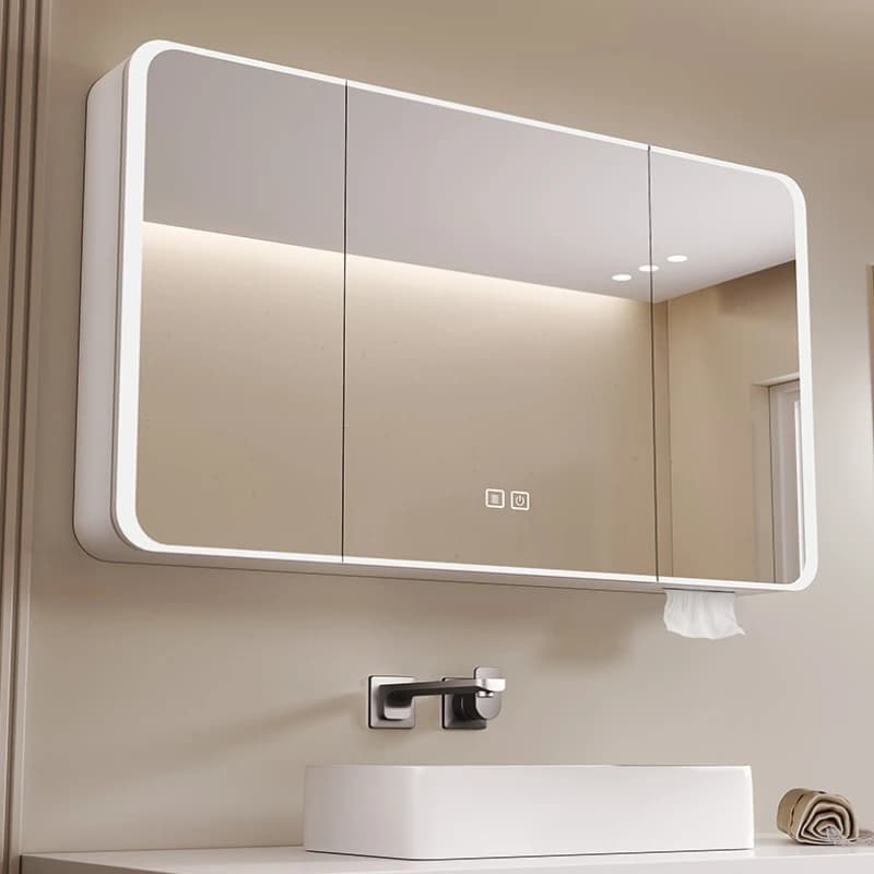 Armadietto a specchio da bagno in alluminio con spazio curvo, specchio intelligente da parete per bagno separato con armadietto portaoggetti leggero