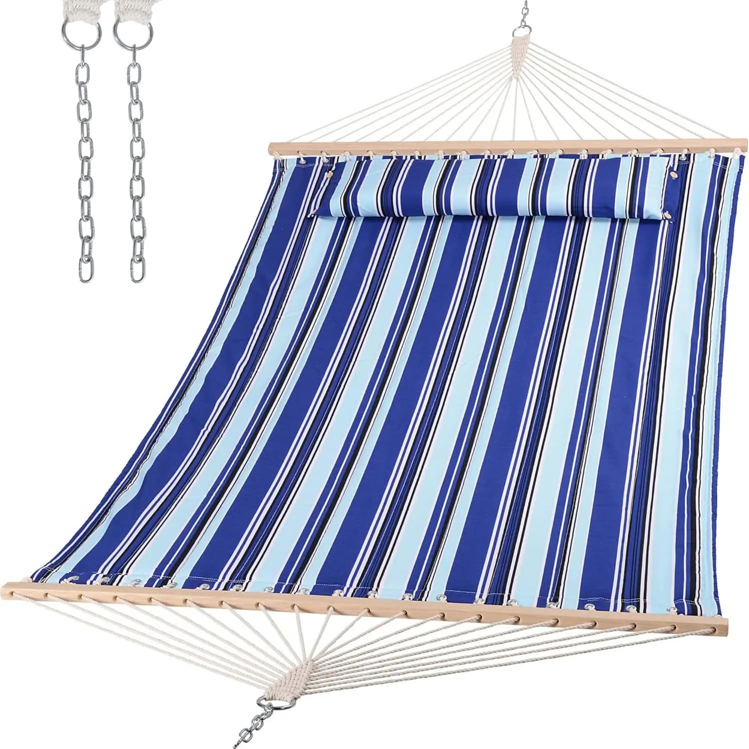 Quilted Fabric Double Hammock with Spreader Bar, Soft Pillow, Blue Stripes, Supports up to 475 lbs
