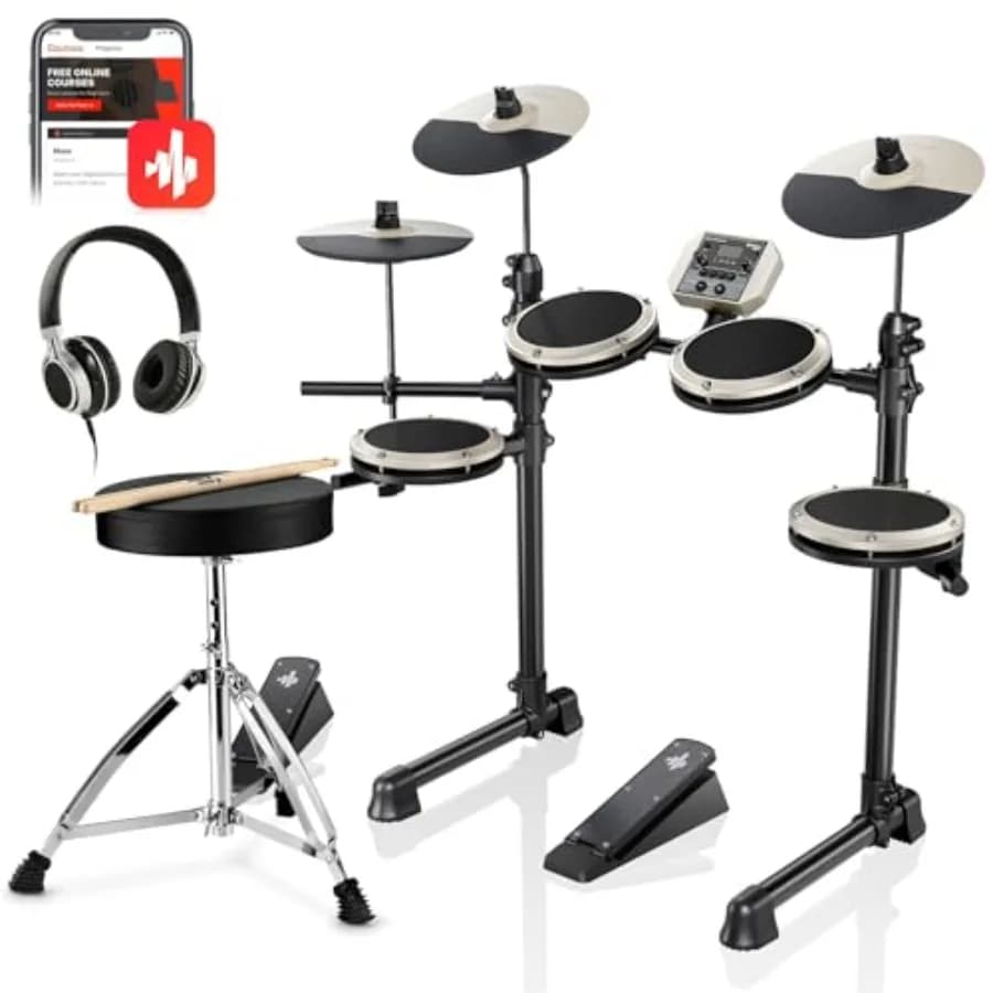Batteria Elettronica DED-80 con 4 Pad in Mesh Silenziosi, Oltre 180 Suoni, 30 Canzoni Demo, 10 Piatti, 2 Pedali, Sgabello, Cuffie, Bacchette, USB MIDI