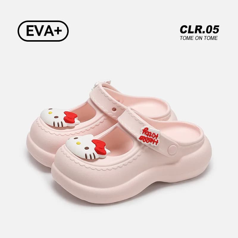 Anime Hello Kitty Thick Platform Hole Clogs Ladies Scalloped Edge Shoes Lightweight Non Slip Summer Casual Beach Slip On Sandals