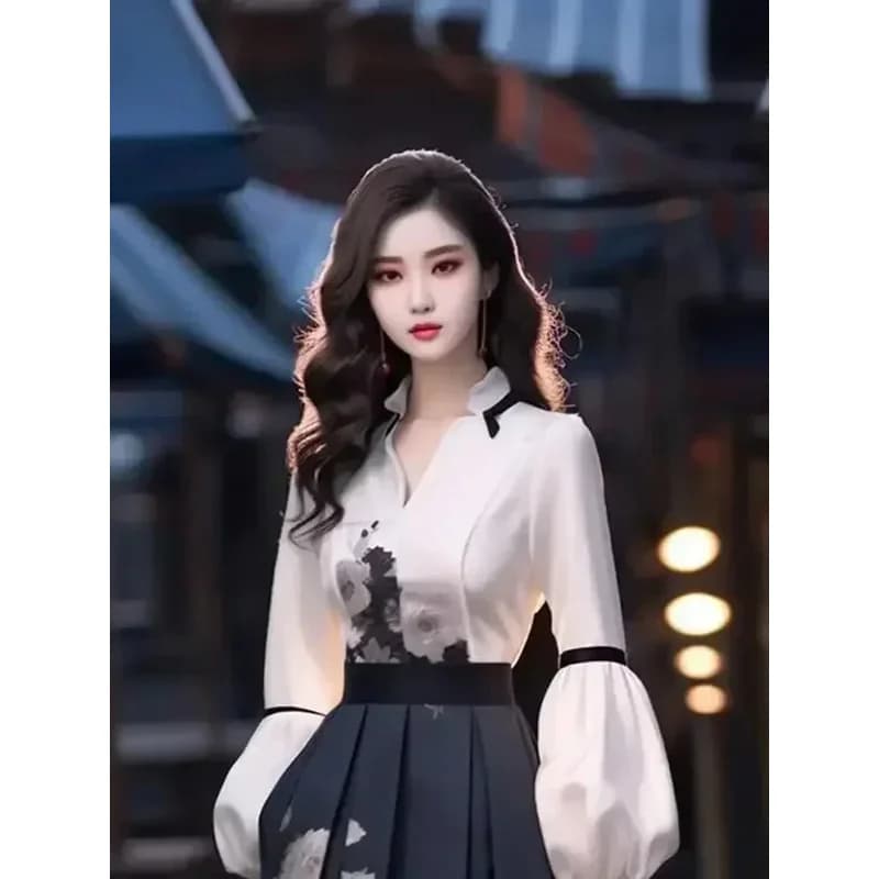 qq78Request7Set da donna Camicetta a maniche lunghe Top Autunno Primavera High End Cinese Elegante Temperamento Dea Mostra Gonna con stampa sottile