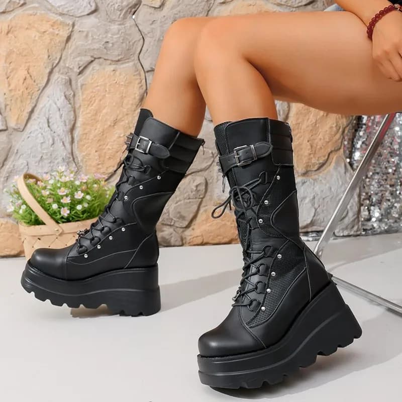 Brand New Ladies Goth Stivali con plateau Moda Rivetto Fibbia Punk Zeppe Tacchi alti Stivali da donna Party Street Cosplay Scarpe da donna