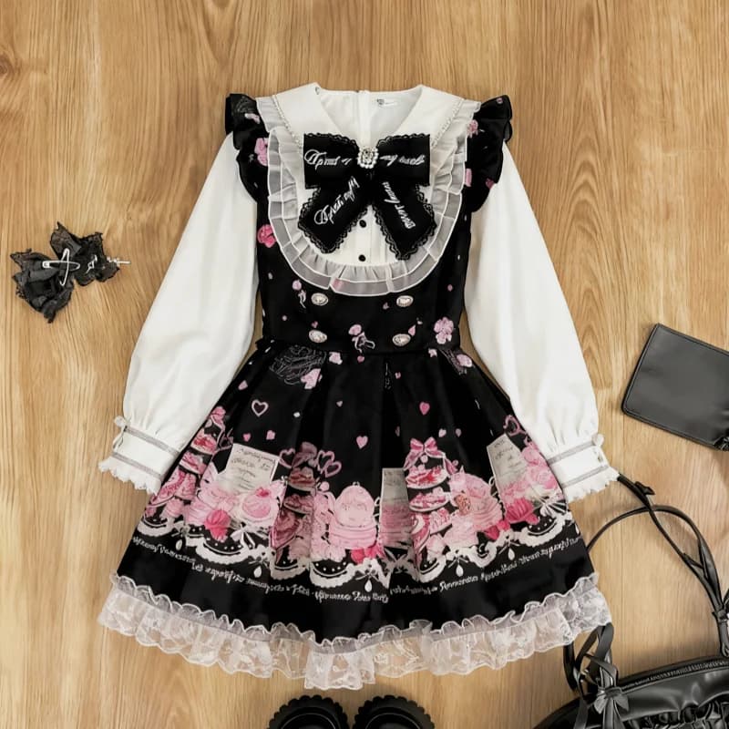 Y2k giapponese Kawaii set a due pezzi top a maniche lunghe + gonna corta dolce donna casual carino stampa fiocco patchwork 2025 nuovo arrivo