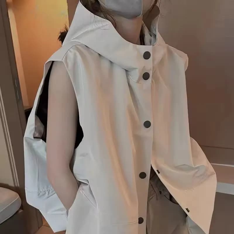 Gilet con cappuccio da donna Cappotti monopetto Top casual larghi Primavera Autunno Coreano Gilet traspirante semplice tutto-fiammifero