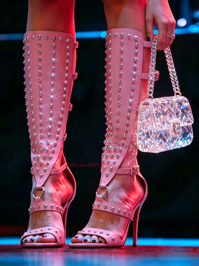 Pink Leather Gladiator High Heel Sandals Summer Boots Stud Decor Open Toe Stiletto High Heel Sexy Party Shoes Zipper Stilettos