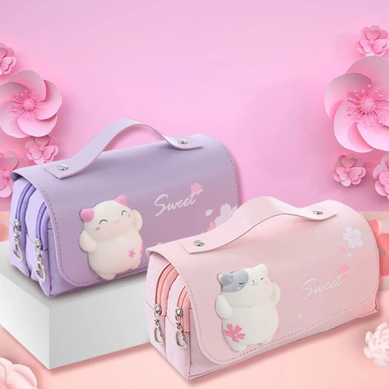Simpatico gatto astuccio per alleviare lo Stress di grande capacità astuccio per matite grande borsa per penne portatile per ragazze borsa per scuola a doppio strato borsa Kawaii