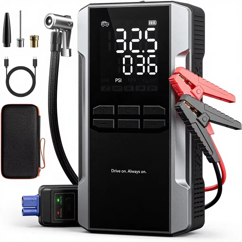3000A emergency start power supply, pneumatic compressor 59.2Wh 160PSI portable car battery 65W fast charging 12V battery pack