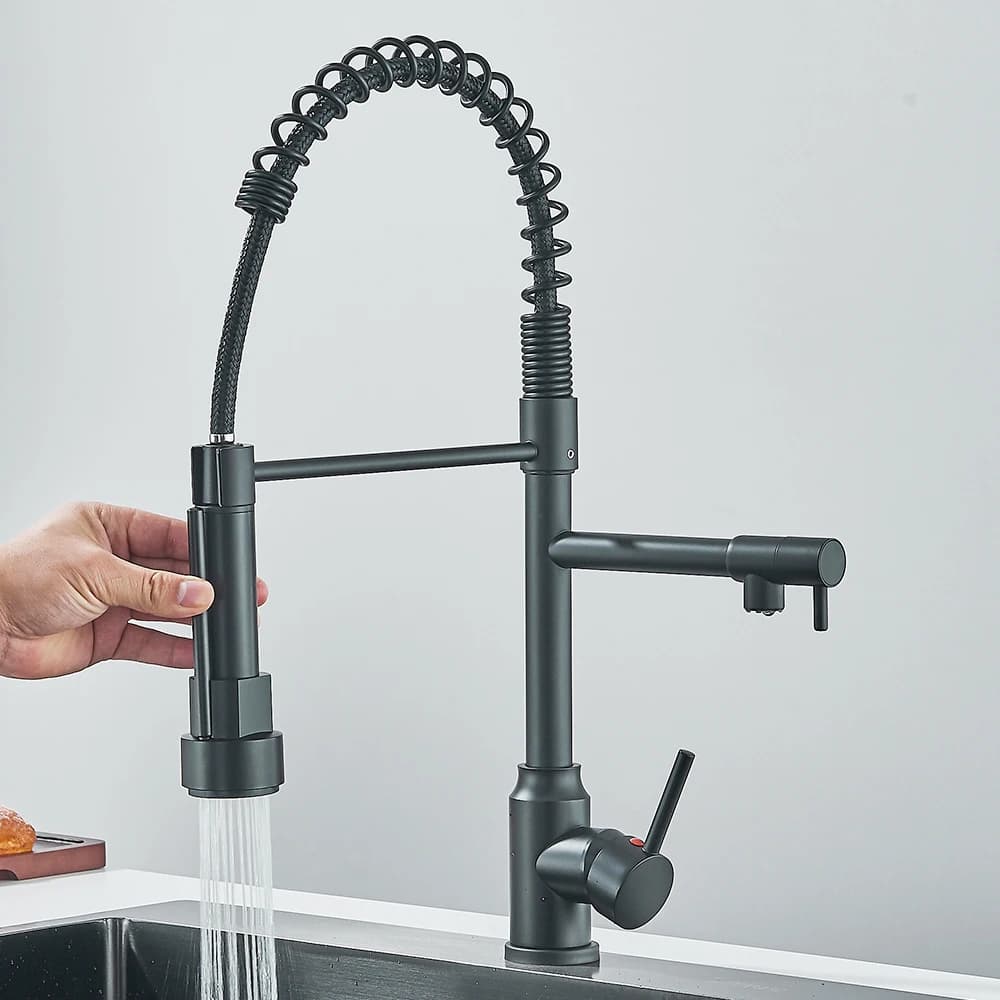 Rubinetto da cucina a molla estraibile Miscelatore acqua calda fredda monocomando per lavello da cucina Rubinetti con ugello a doppio beccuccio Gru