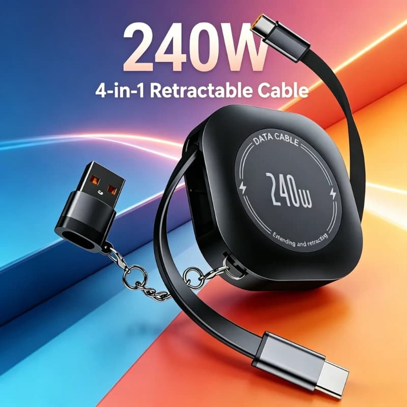 Cavo di Ricarica Universale 4-in-1 da 240W con Ritorno Automatico per iPhone, Android, iPad, Samsung, Varie Lunghezze per Ufficio, Auto, Viaggio