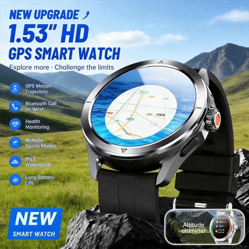 Nuovo Smartwatch per Sport all'Aperto con Schermo da 1,53 Pollici, NFC, GPS, Bussola, Monitoraggio Frequenza Cardiaca, Impermeabile, Monitoraggio Salute, Chiamate Bluetooth
