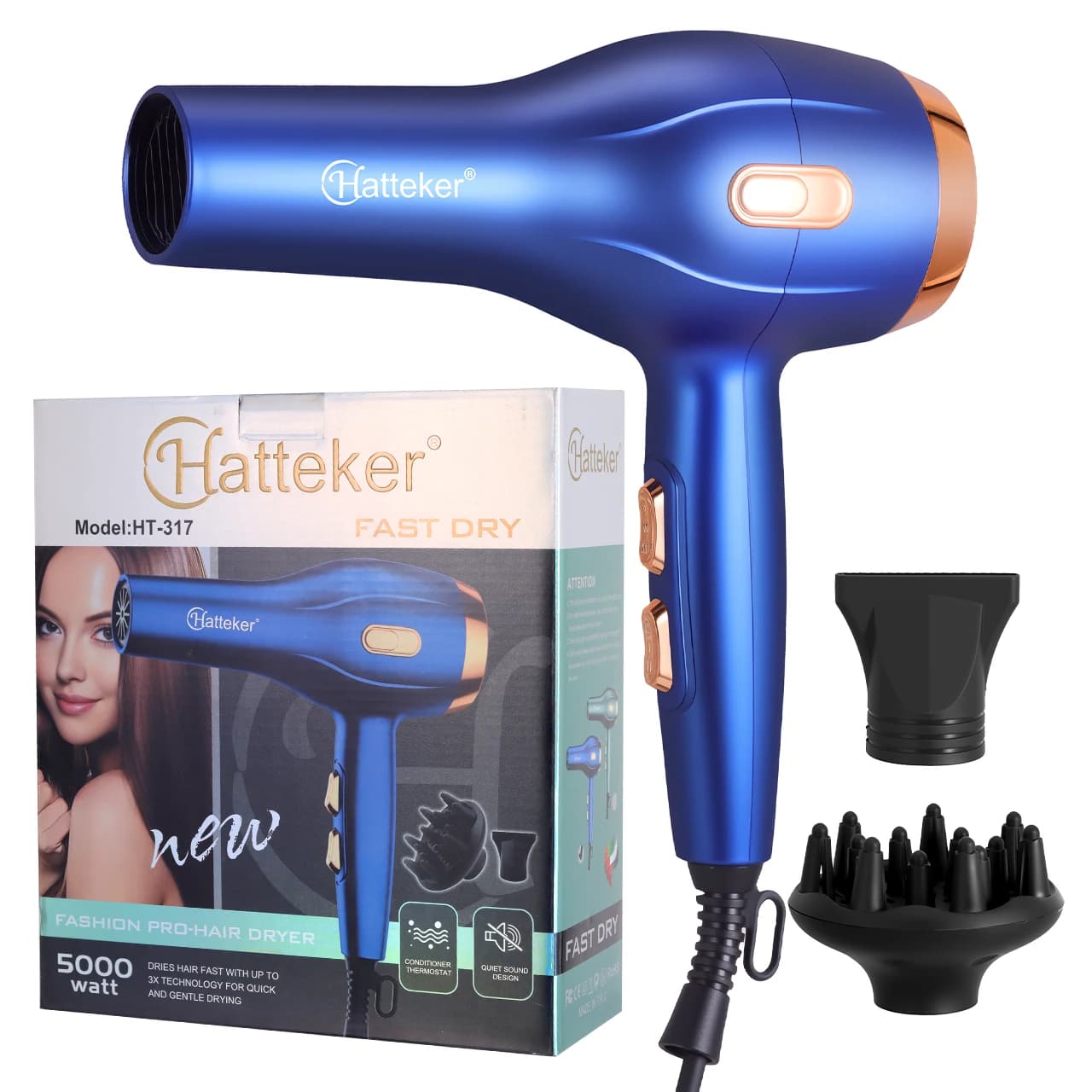Hatteker high power hair dryer for domestic and professional use with cold and hot air, great blowing power, electric hair dryer.