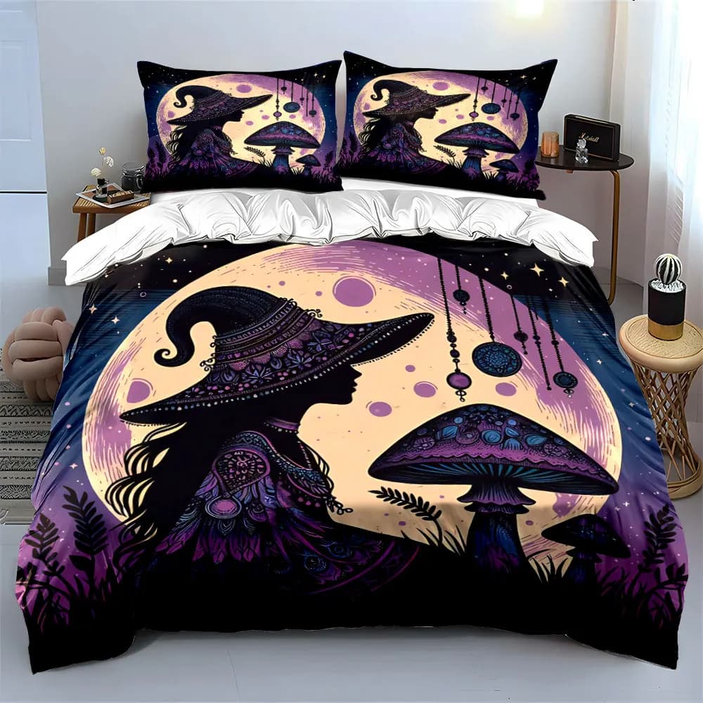 Set di biancheria da letto Moonlit Witch Fantasy Decor con 1 copripiumino e 2 federe, singolo, matrimoniale, king, queen, regalo