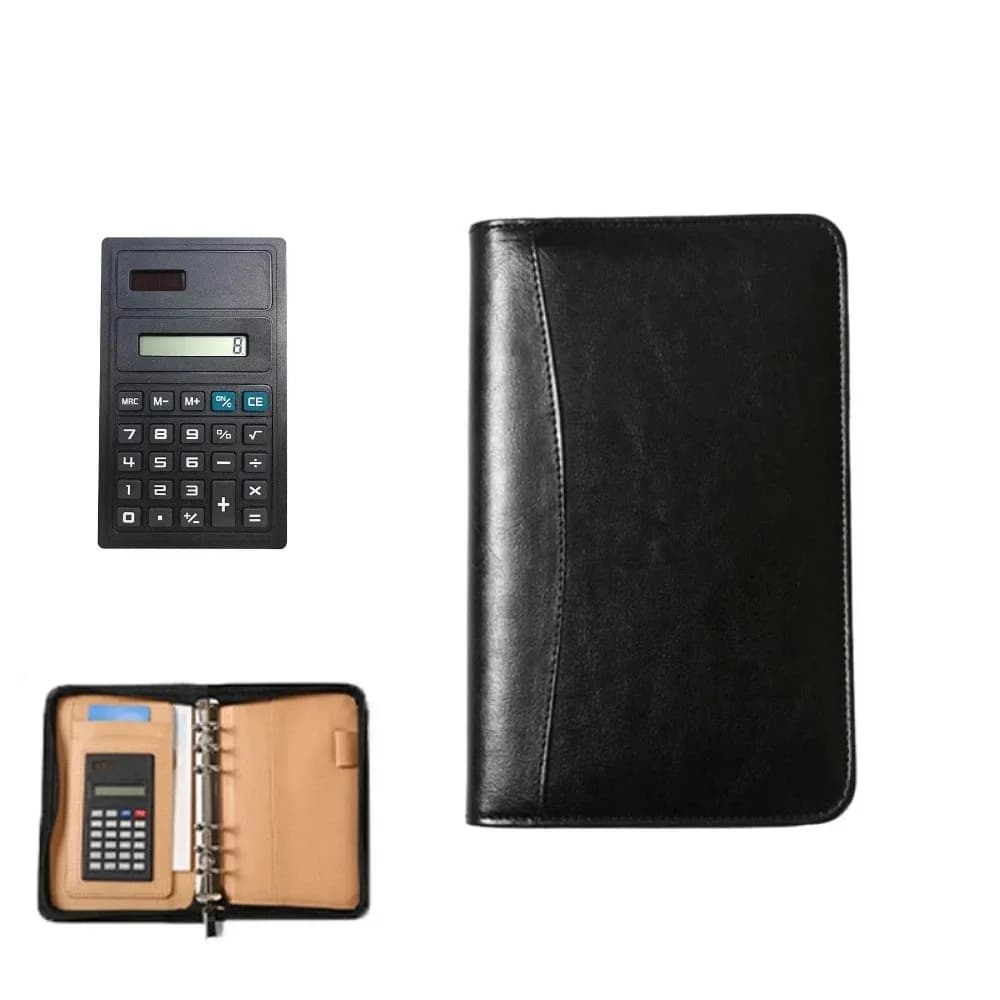 Memo Book 6-Ring File Folder PU Leather A6 Work Record Book with Calculator Zippered Closure Business Notebook Business Meeting