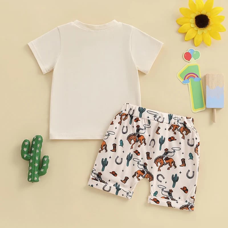 Completi di compleanno per ragazzi da bambino T-shirt a maniche corte con stampa simpatico cartone animato e comodi pantaloncini elastici in vita per 2 pezzi