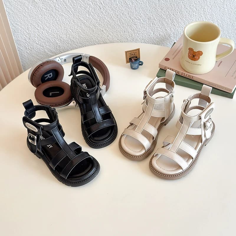 Kids Boys Girls Leather Roman Sandals Ankle Strap Multiple Buckle Casual Daily Footwear Soft Bottom Anti Slip Black White 23-32