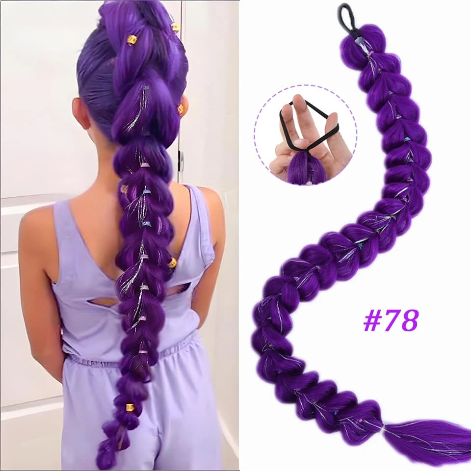 Synthetic Hair Braided 32-inch Purple, Metallic Effect Sparkling, Christmas Costume Accessories for Kids - Rumi Collection