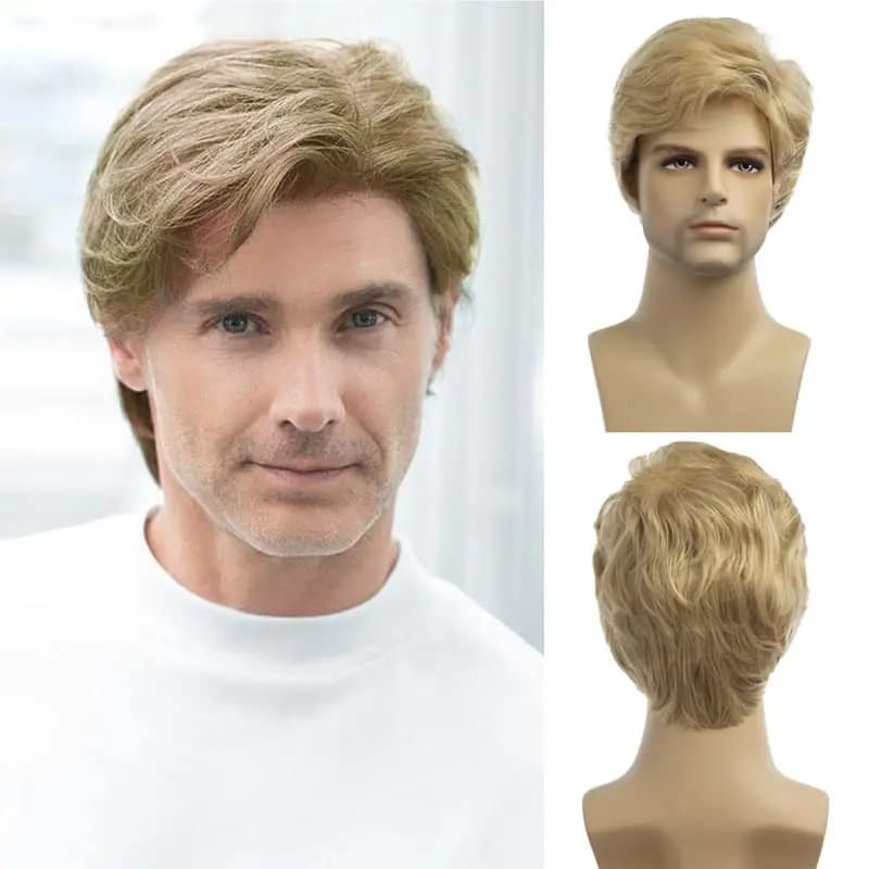 Parrucca quotidiana da lavoro naturale corta soffice con frangia a punto medio per uomo Parrucca sintetica per miscelazione Cosplay Facile da indossare in movimento ssi