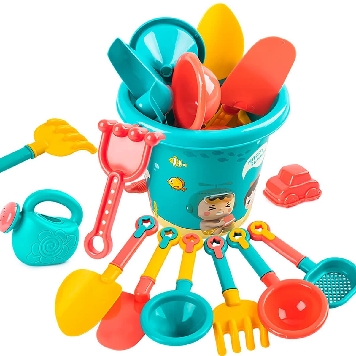 Set di 18 Giocattoli da Spiaggia con Secchiello e Stampi per Sabbia, Divertenti Giochi d'Acqua e Sabbia per Bambini, per Giochi Estivi all'Aperto in Spiaggia