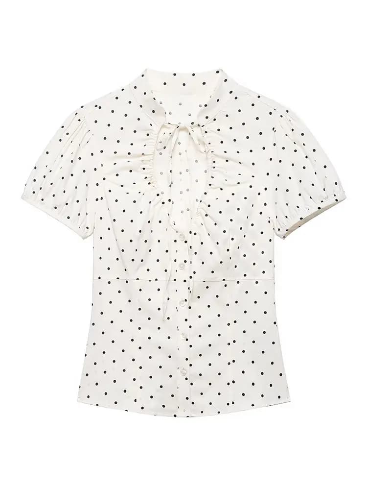 HH Vintage Retro Womens White Shirt Polka Dot Blouse Puff Sleeve for Classic Style Casual Daily Wear Elegant Party Beach Tops