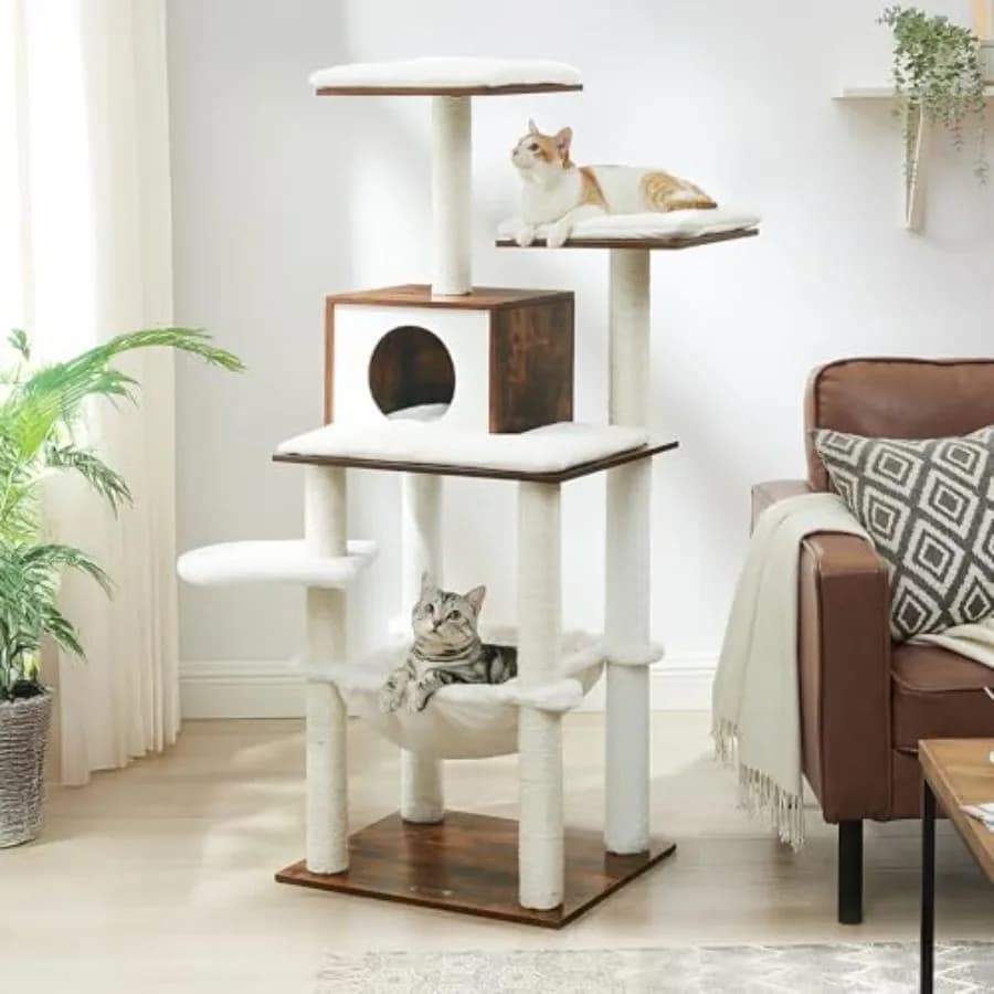 Albero per Gatti Moderno da 143 cm, Torre Multi-Livello con Cuccia in Peluche, Tiragraffi, Amaca e Cuscino Lavabile, Marrone Rustico UPCT164