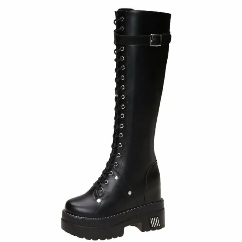 Knee Boots with New Women's Platforms 10 cm Long Boots in Winter Hot Plush Motorcycle Boots Leather Bike Boots Robust Sneakers High heels