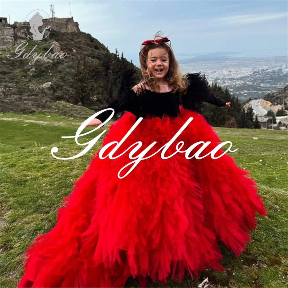Abito da ragazza di fiori da principessa elegante in tulle plissettato con spalle scoperte Abito lungo da prima comunione con ballo lungo fino al pavimento Nuovo personalizzato
