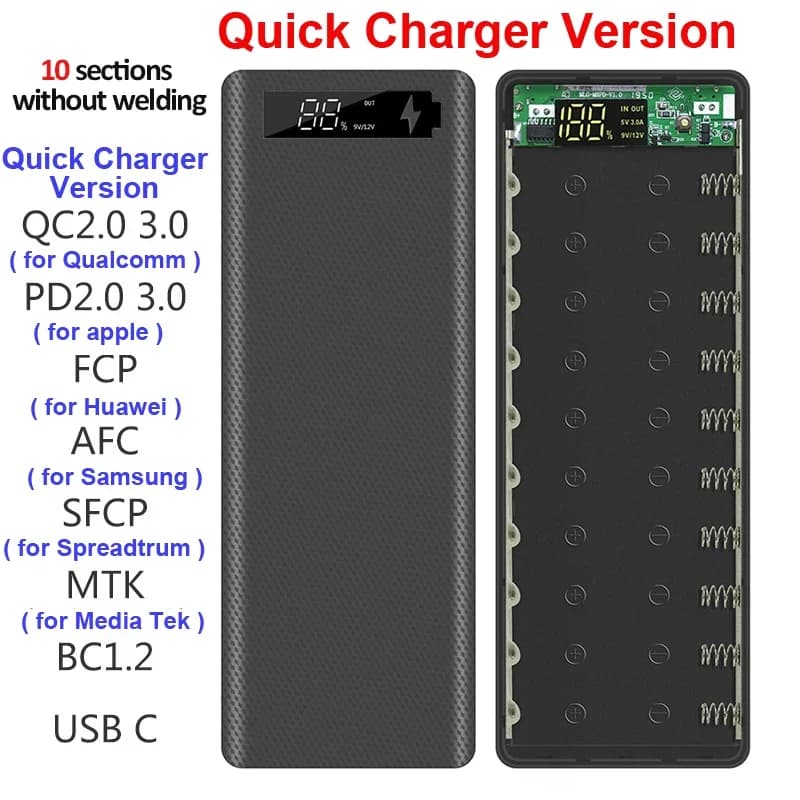 PD QC3.0 Quick Charge Free Width 10*18650 Battery Storage Box DIY Shell Case 18650 Battery Case USB Power Bank