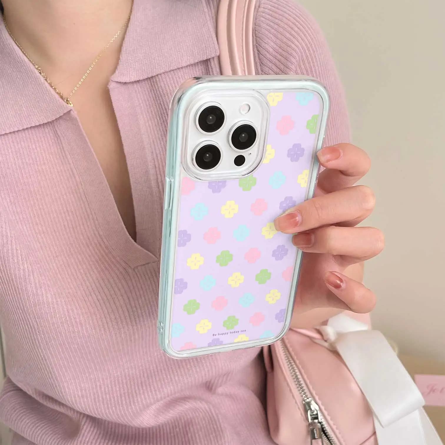 Light Purple Background Pastel Four-Leaf Flower Mirror Case, Shockproof Soft TPU Light Mint Frame for iPhone 13 to 17 Pro Max