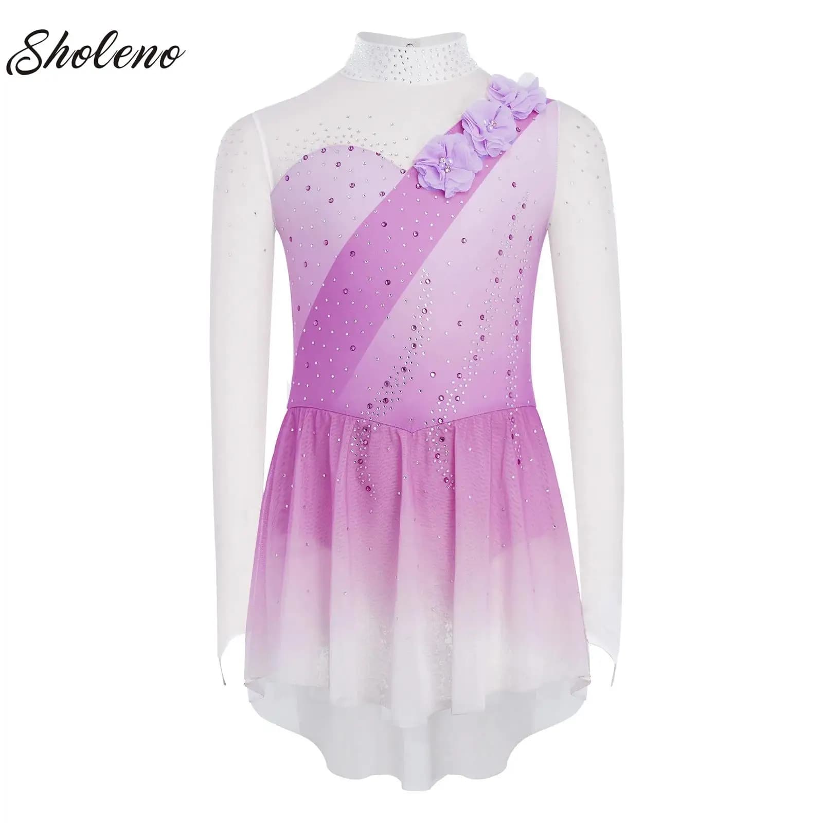 Costume da Ballerina con Fiori 3D per Bambine, Abito con Schiena Scoperta e Maniche Lunghe in Rete Trasparente per Ginnastica, Pattinaggio sul Ghiaccio e Danza