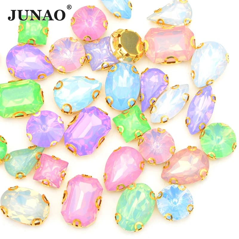 JUNAO Colore Della Miscela Forma Della Miscela 50 pz Opale Rosa Strass Kit Cucito Artiglio Cristalli In Resina Flatback Cucire Su Diamante Strass Per Il Vestito