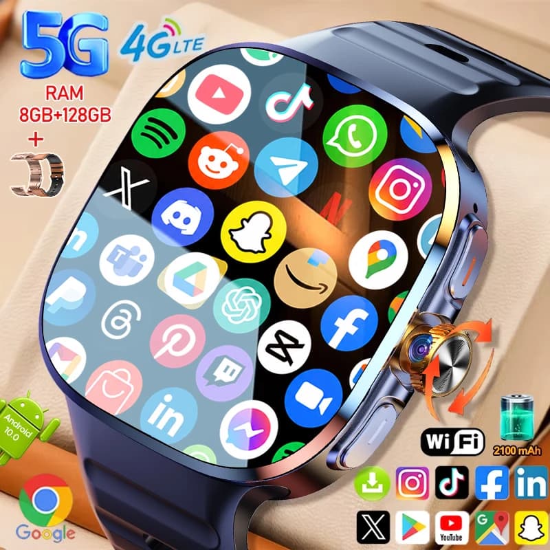 5G/4G Smart Watch 8GB+128GB RAM 2.4"AMOLED Screen 2100mAhBattery 900W Camera GPS WIFI Google Store Android 10 System Minin Phone