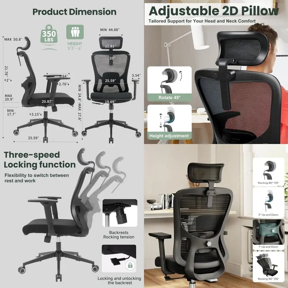 Sedia in rete con schienale alto con supporto lombare regolabile, braccioli 3D, poggiatesta e inclinazione per un comodo ufficio, studio, giochi
