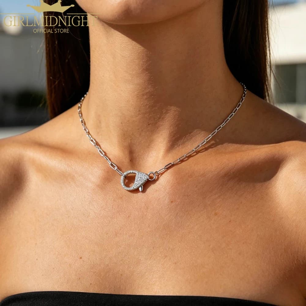 2026 New Lobster Clasp Charm Pendant Necklaces Gold Color Link Chain Paved 5A Cz Choker Women Wedding Jewelry