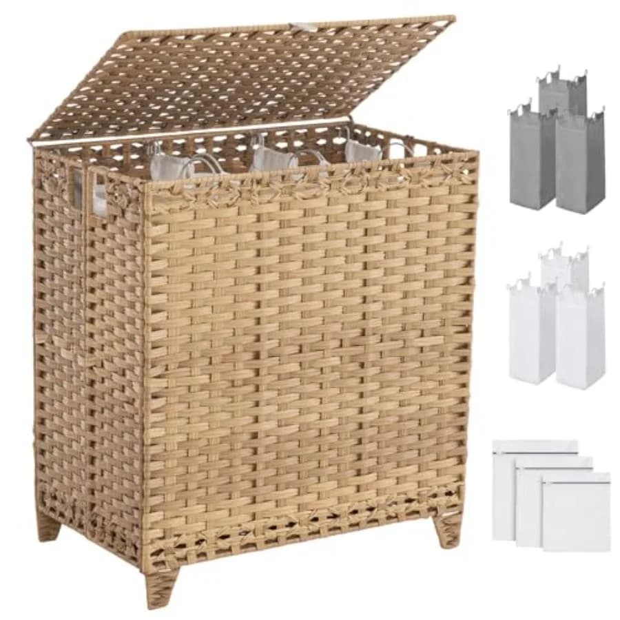 Cesto portabiancheria grande da 190 litri con coperchio e design a 3 scomparti per una conservazione efficiente dei vestiti, include 6 sacchi interni rimovibili e 3 cesti.