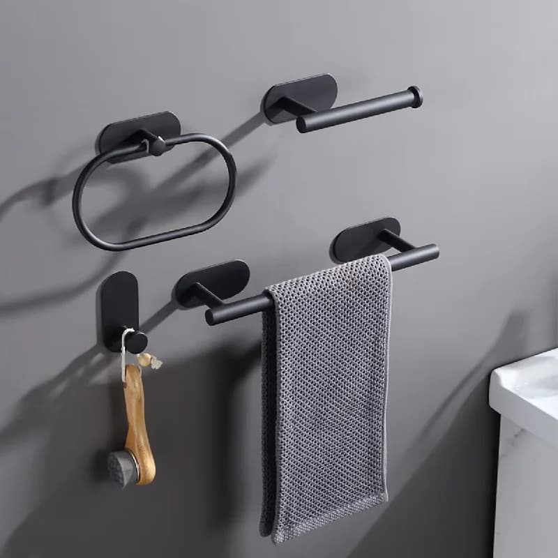 Set di Accessori per Bagno in Acciaio Inossidabile Senza Foratura – Porta Asciugamani Autoadesivo, Porta Carta Igienica, Anello Porta Asciugamani e Gancio per Accappatoio