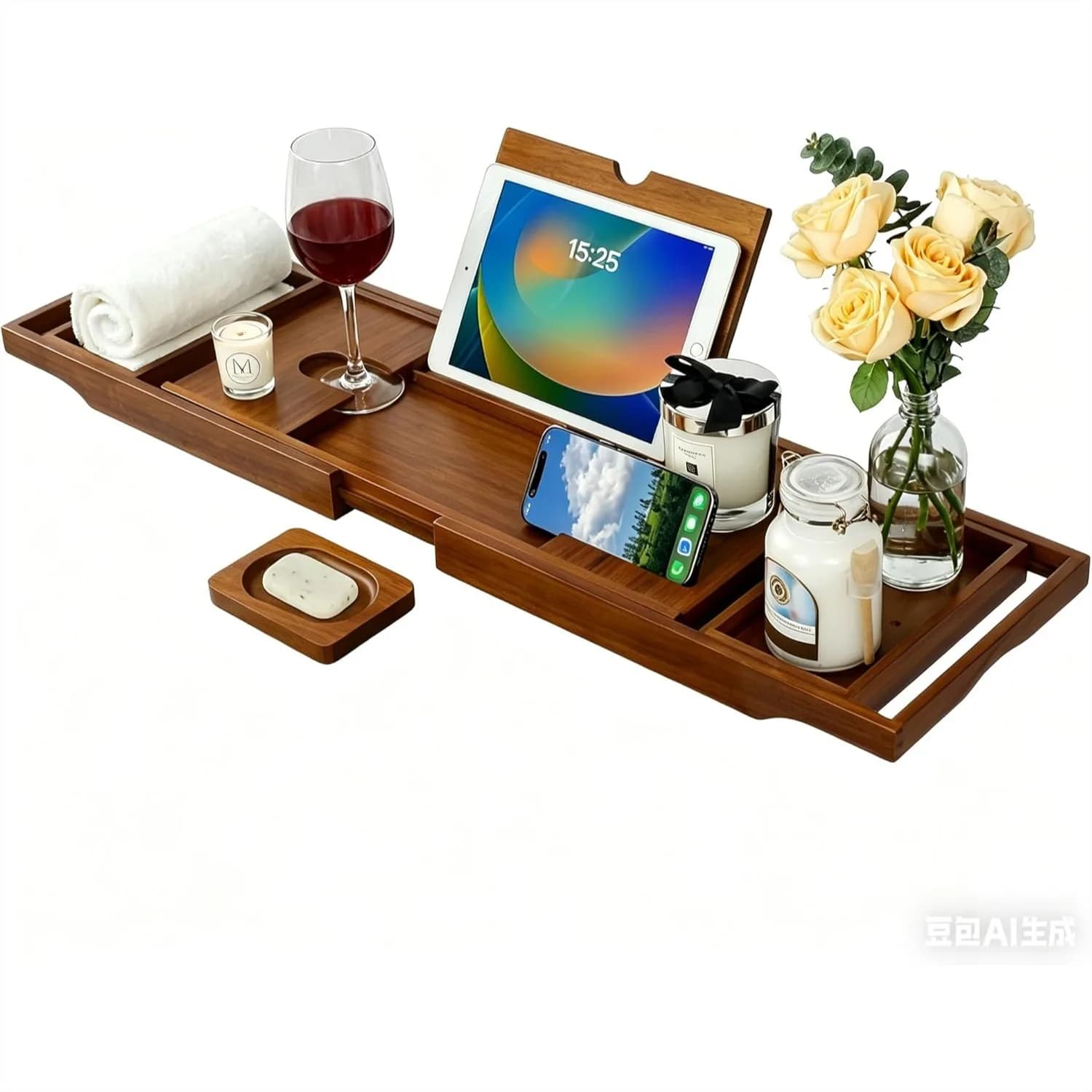 Portaoggetti da Bagno in Teak, Vassoio Espandibile Antiscivolo con Supporto per Vino, Telefono e Tablet, Organizzatore in Legno per Vasca da Bagno e Spa Domestica