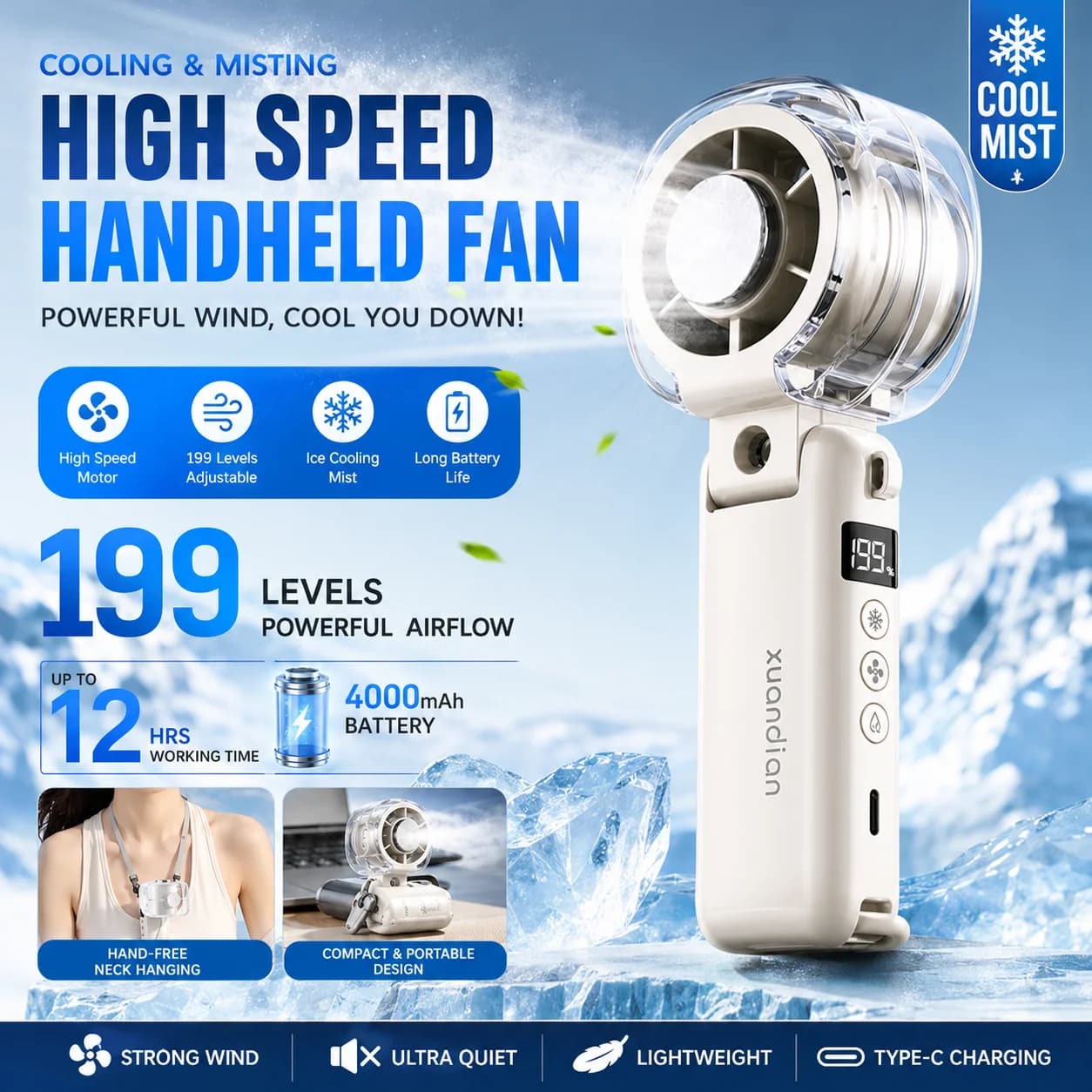 Newest Strong High Velocity Turbo Cooling Misting Fan Portable Handheld Mini USB Rechargeable Spray Fan Summer Outdoor Fan