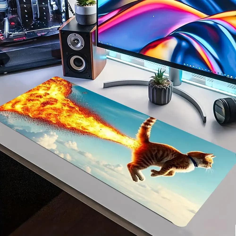 Rocket Cat Extended Gaming Mouse Pad Non‑Slip Desk Surface Sky Fire Kitten Art Print For Gaming And Office Accessories
