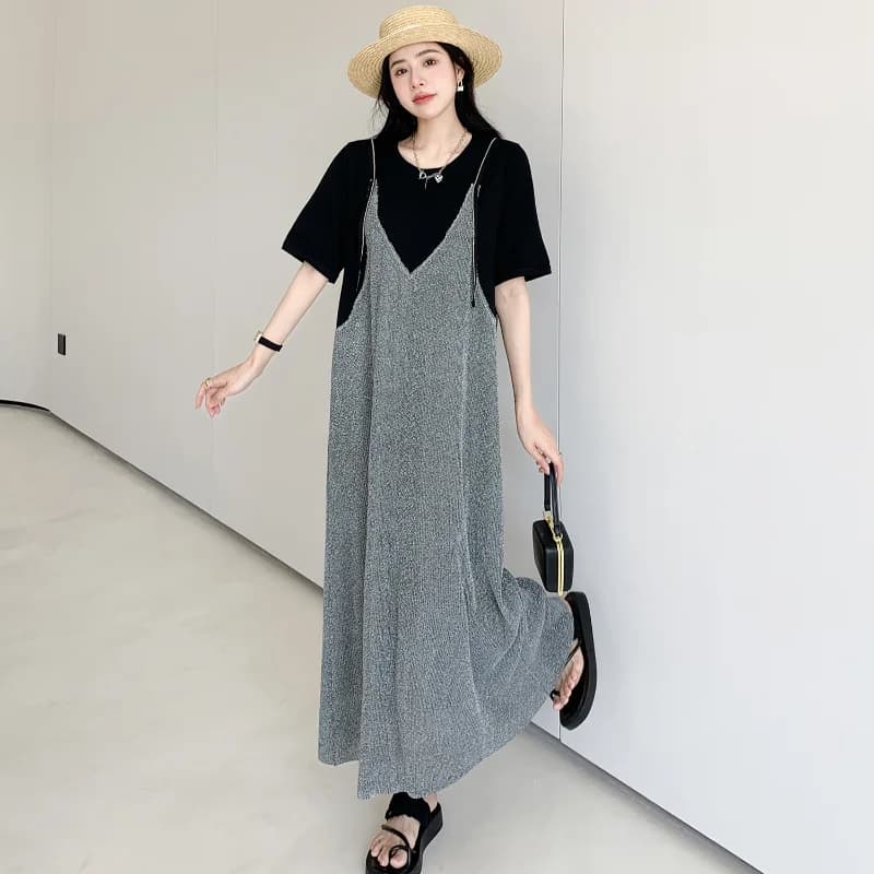 Summer 2025 Women's V-Neck Spaghetti Strap Dress Loose Fit Fake Two-Piece plus Size Simple Elegant Lady Robe K50213