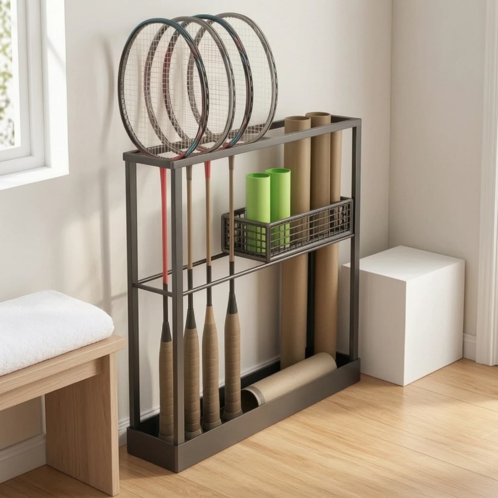 Sports Storage Rack with Basket Narrow Tennis Racket Storage Rack Badminton Racket Holder Open-Frame Organizer Geometric